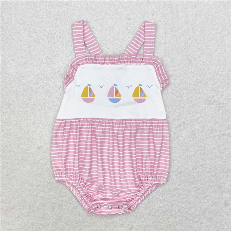 SR1058  Baby Infant Girls Pink Stripes Sailboat Straps Summer Rompers