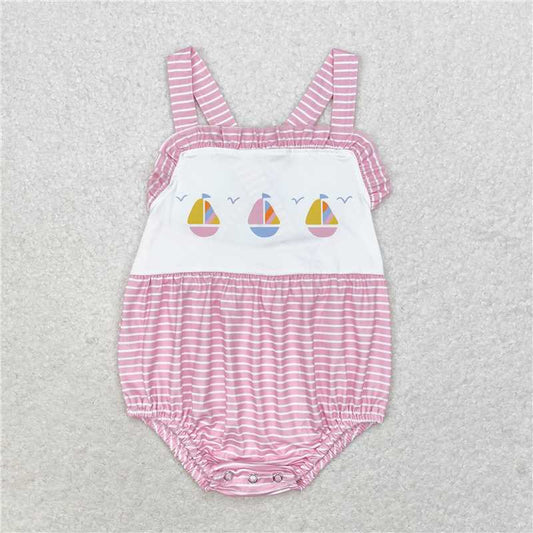 SR1058  Baby Infant Girls Pink Stripes Sailboat Straps Summer Rompers