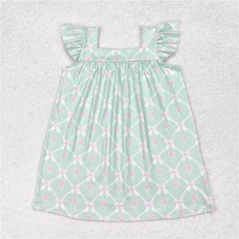 GSD1112  Baby Girls Green Bows Ruffle Knee Length Dresses