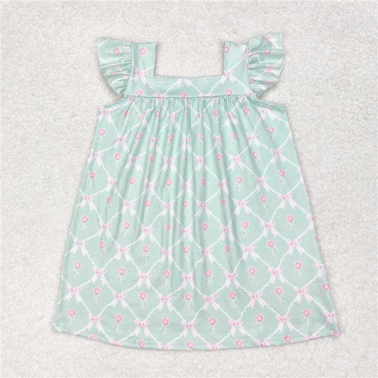 GSD1112  Baby Girls Green Bows Ruffle Knee Length Dresses