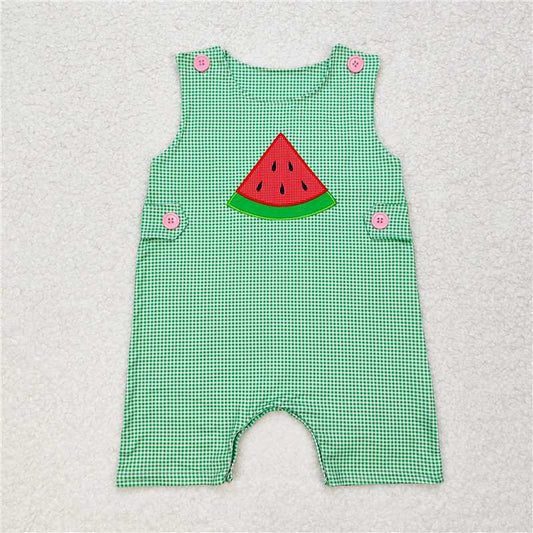 SR1406 Baby Infant Boys Green Checkered Watermelon Rompers