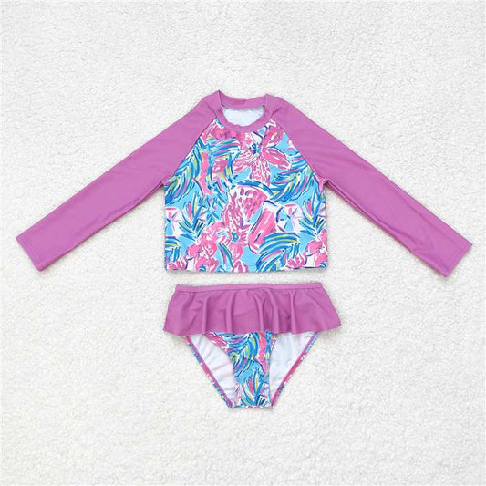 S0259  Baby Girls Pink Flowers Long Sleeve Top Bummie Two Pieces Swimsuits