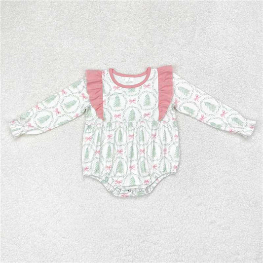 LR1105Long sleeves Christmas tree bow baby girls romper
