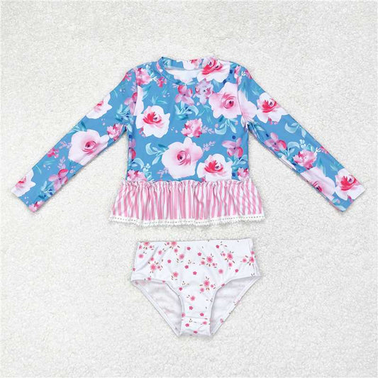 S0168  Long sleeves pink stripe ruffle baby girls summer swimsuit