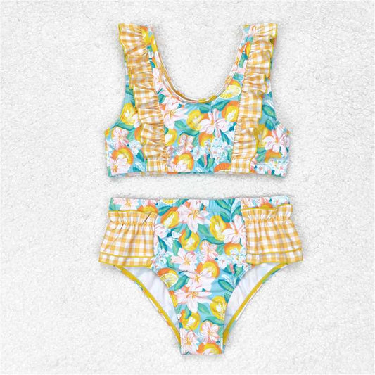S0343  Baby Girls Summer Orange Ruffle Top Bummie 2pcs Swimsuits