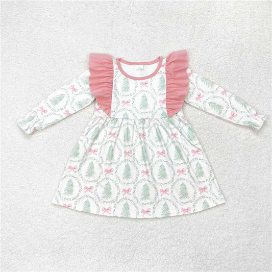 11.22 RTS NO MOQ （In stock）GLD0555 Baby Girls Christmas Trees Ruffles Knee Length Dresses