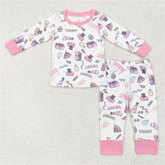 GLP1190Pink long sleeves Happy birthday cake gift girls pajamas