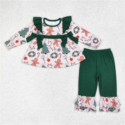 12.10 RTS NO MOQ （In stock）GLP1254 Baby Girls Christmas Gingerbread Bows Tunic Ruffle Pants Clothes Sets