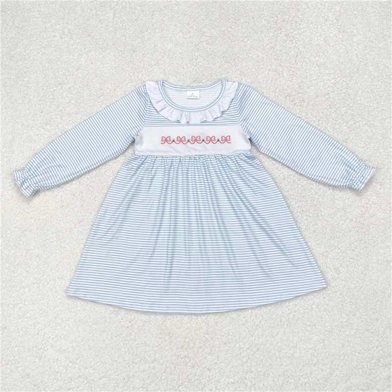 11.22 RTS NO MOQ （In stock）Matching GLD0508 Baby Girls Blue Stripes Bows Knee Length Dresses