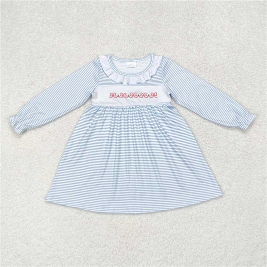 11.22 RTS NO MOQ （In stock）Matching GLD0508 Baby Girls Blue Stripes Bows Knee Length Dresses