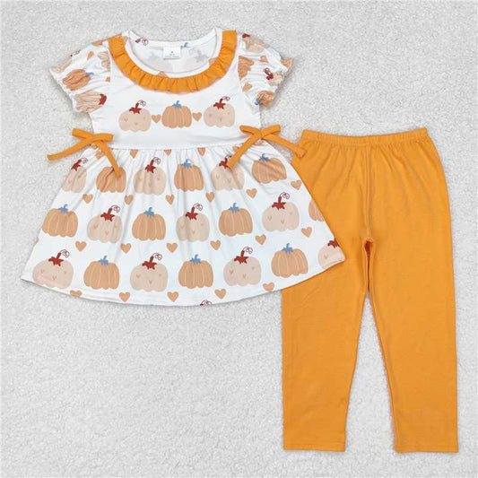 GSPO1566Short sleeves pumpkin heart top leggings girls fall clothes