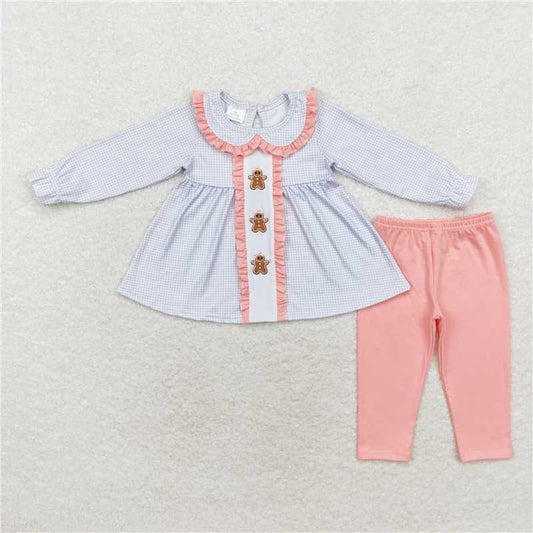 12.9 RTS NO MOQ （In stock）Matching Christmas GLP1330 Baby Girls Blue Checkered Gingerbread Tunic Legging Clothes Sets