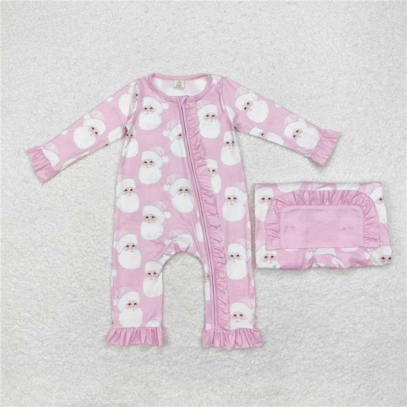 12.2 RTS NO MOQ （In stock）LR1414 Baby Infant Girls Christmas Pink Santa Bamboo Zip Rompers