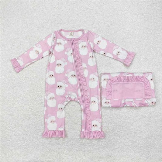 12.2 RTS NO MOQ （In stock）LR1414 Baby Infant Girls Christmas Pink Santa Bamboo Zip Rompers