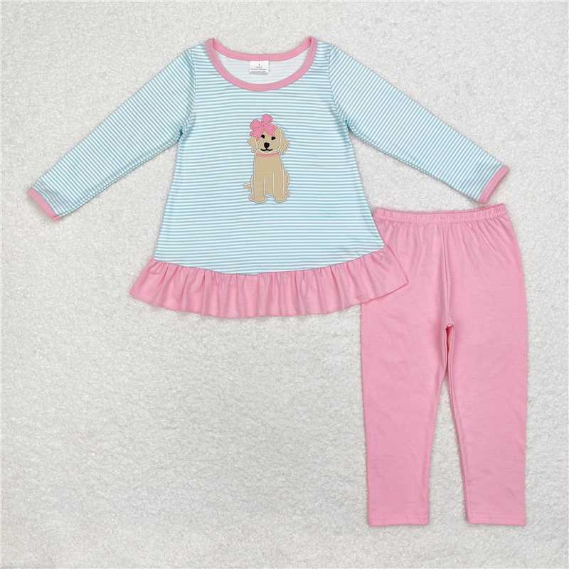 11.24 RTS NO MOQ （In stock）Matching GLP1376 Baby Girls Blue Stripes Dog Bow Tunic Legging Clothes Sets