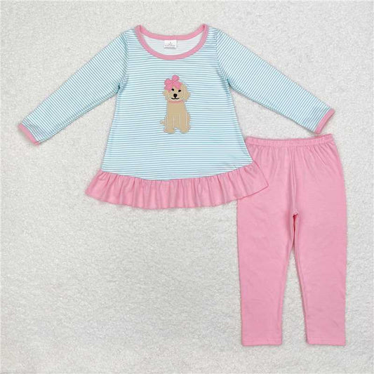 11.24 RTS NO MOQ （In stock）Matching GLP1376 Baby Girls Blue Stripes Dog Bow Tunic Legging Clothes Sets