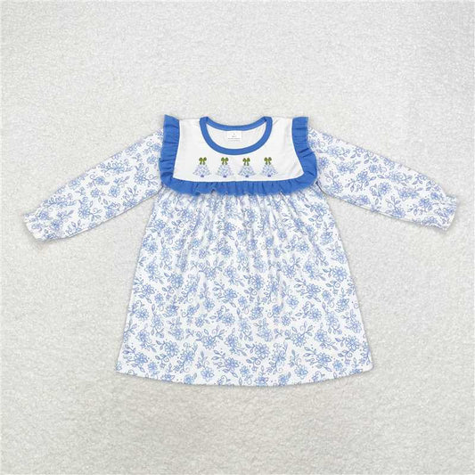 11.21 RTS NO MOQ （In stock）GLD0673 Baby Girls Blue Flowers Christmas Trees Knee Length Dresses