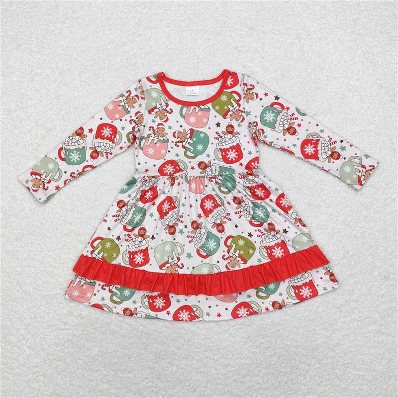 11.21 RTS NO MOQ （In stock）GLD0732 Baby Girls Christmas Cups Gingerbread Knee Length Dresses