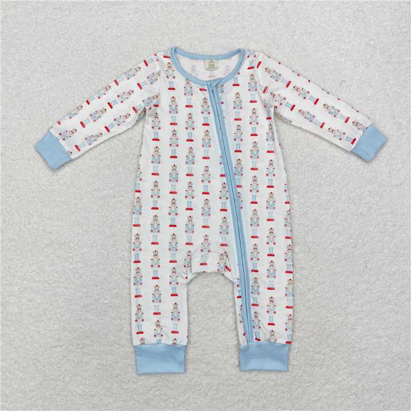 12.9 RTS NO MOQ （In stock）Matching Christmas LR1184 Baby Infant Boys Blue Christmas Soldier Zip Bamboo Rompers