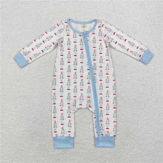12.9 RTS NO MOQ （In stock）Matching Christmas LR1184 Baby Infant Boys Blue Christmas Soldier Zip Bamboo Rompers