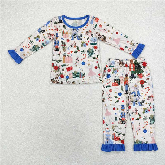 GLP1475 Modal Christmas tree nutcracker blue lace beige long sleeve long pants pajama set