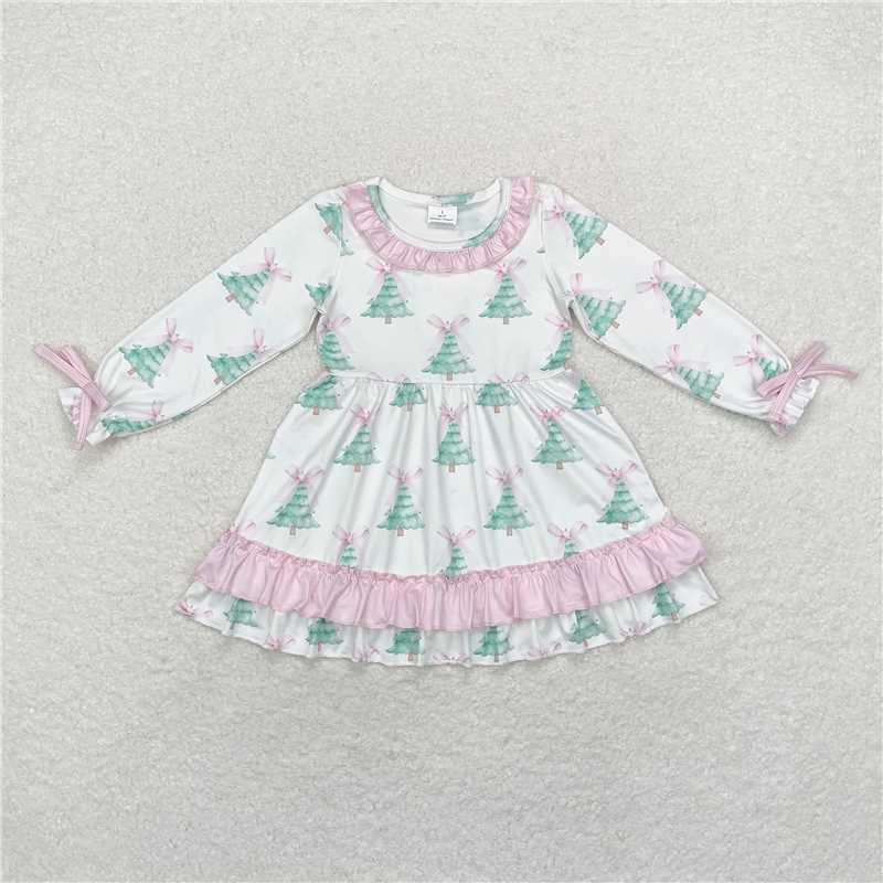 11.21 RTS NO MOQ （In stock）GLD0740 Baby Girls Christmas Tree Pink Bows Ruffle Knee Length Dresses