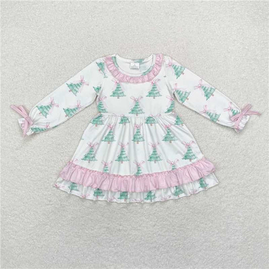11.21 RTS NO MOQ （In stock）GLD0740 Baby Girls Christmas Tree Pink Bows Ruffle Knee Length Dresses