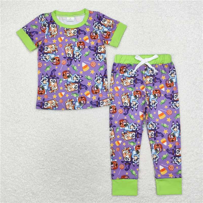 BSPO0409 Baby Boys Dogs Halloween Purple Tops Pants Pajamas Clothes Sets