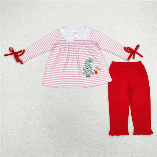 GLP1677 Embroidered Christmas tree pink striped collar long-sleeved top red trousers set