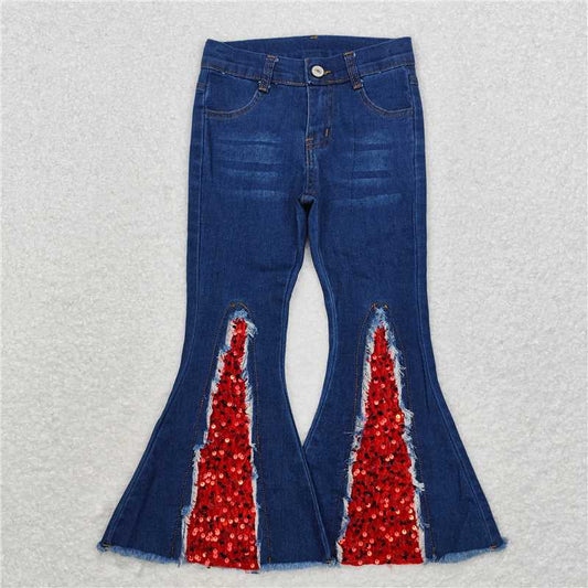 P0532  Baby Girls Red Sequin Holiday Bell Flare Denim Pants