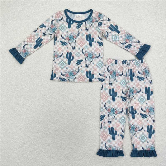 GLP1566Long sleeves bull skull cactus plaid girls western pajamas