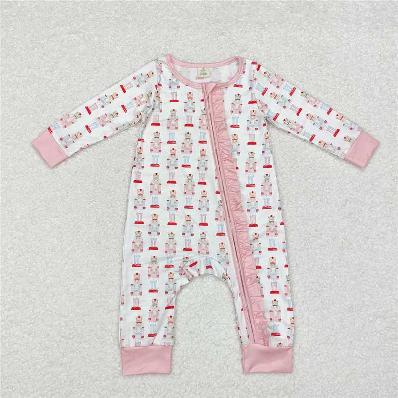 12.1 RTS NO MOQ （In stock）LR1185 Baby Infant Girls Pink Christmas Soldier Zip Bamboo Rompers