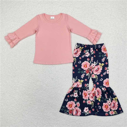GLP1684Pink ruffle top floral bell bottom pants girls clothing set