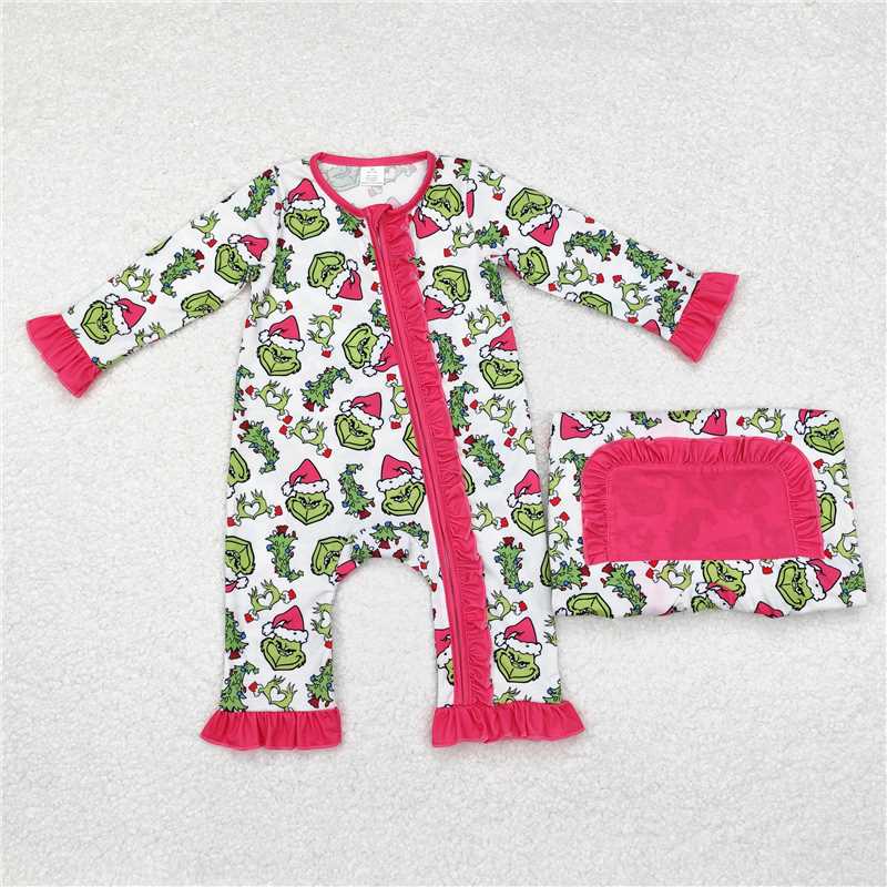 12.1 RTS NO MOQ （In stock）LR1337 Baby Infant Girls Pink Christmas Green Face Hearts Bamboo Ruffles Rompers