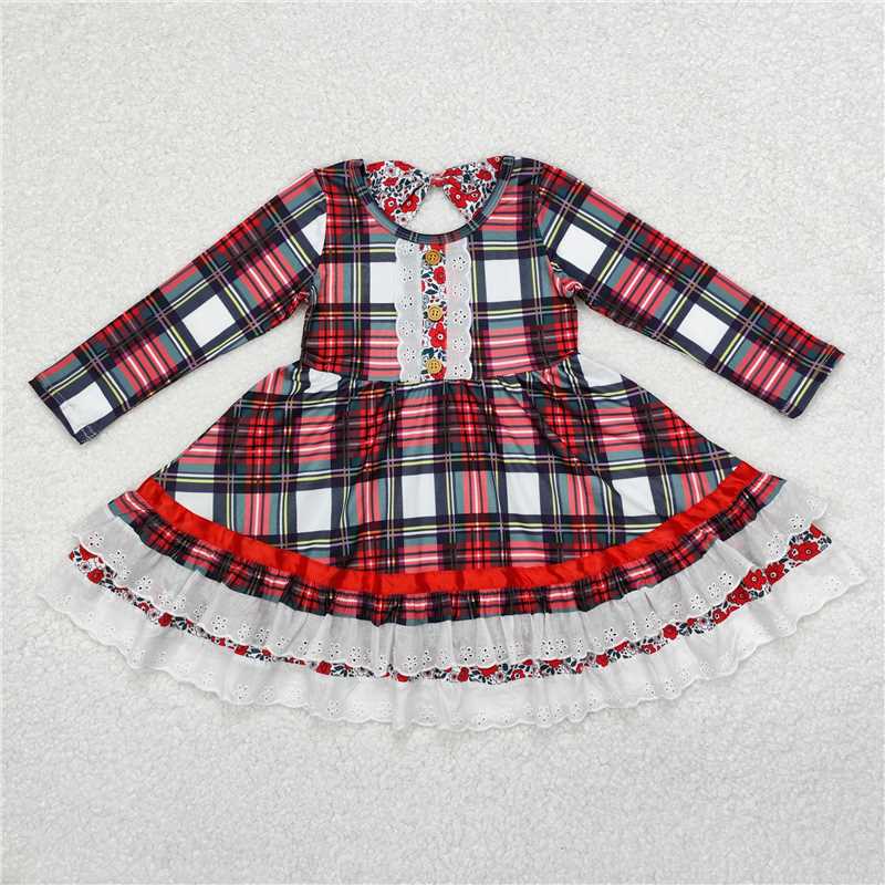 GLD0838RTS NO MOQ Baby Girls Winter Dress  Baby Girls Christmas Green Red Checkered Ruffle Knee Length Dresses