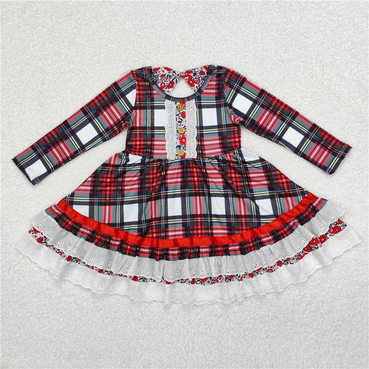 GLD0838RTS NO MOQ Baby Girls Winter Dress  Baby Girls Christmas Green Red Checkered Ruffle Knee Length Dresses