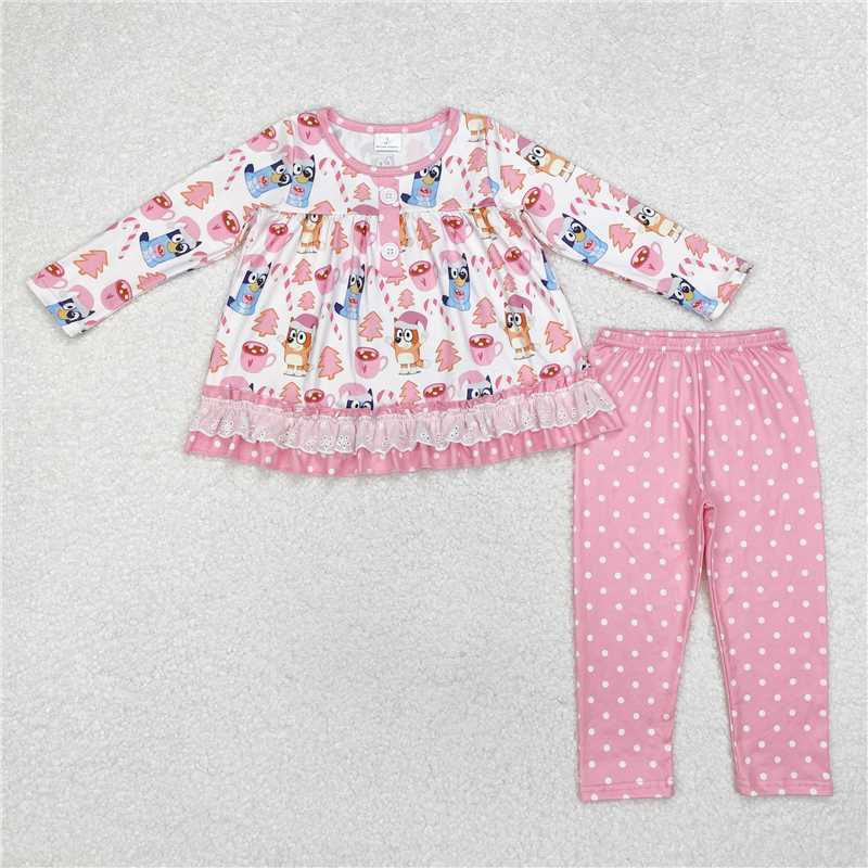 12.6 RTS NO MOQ （In stock）GLP1732 Baby Girls Christmas Dog Ruffle Top Legging Outfits Sets