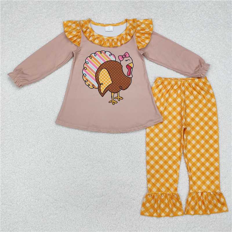 GLP1410Turkey tunic plaid pants kids girls Thanksgiving clothing