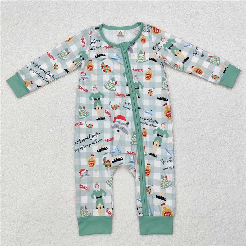 RTS LR1641 Modal Christmas Elf Green Plaid Zipper Long Sleeve Bodysuit