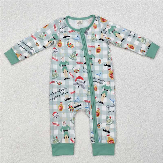 RTS LR1641 Modal Christmas Elf Green Plaid Zipper Long Sleeve Bodysuit