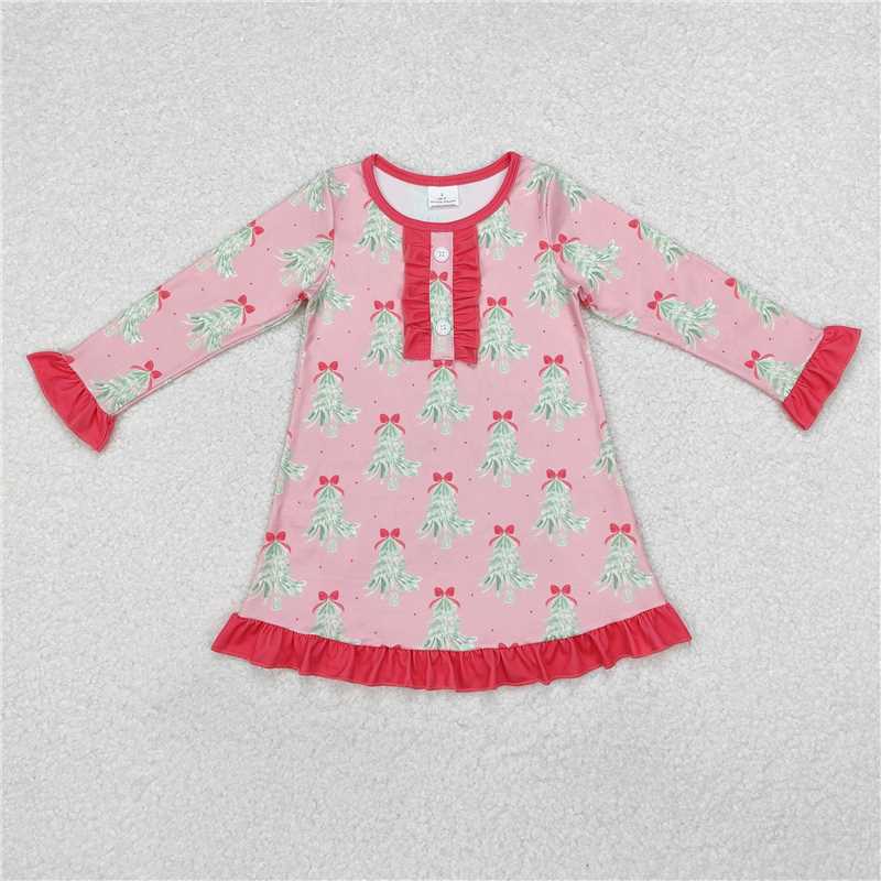 11.21 RTS NO MOQ （In stock）GLD0636 Baby Girls Christmas Tree Pink Long Sleeve Knee Length Dresses