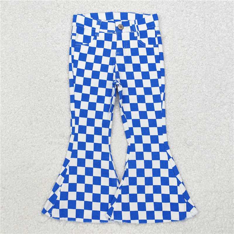 P0610  Sibling Girls Boys Checkered Denim Adjustble Waistband Jeand Pants