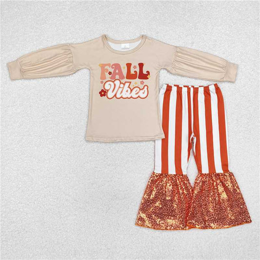 GLP1527Fall vibes top stripe sequin pants girls clothing set