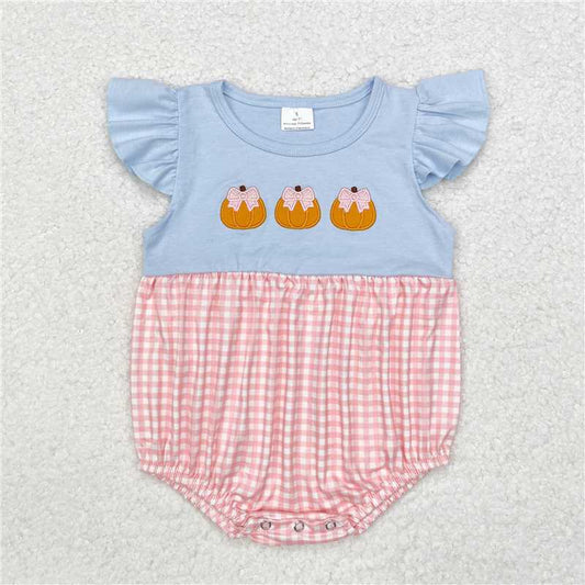 10.27 RTS NO MOQ （In stock） Matching SR1962 Baby Infant Girls Blue Pumpkins Flutter Sleeve Rompers
