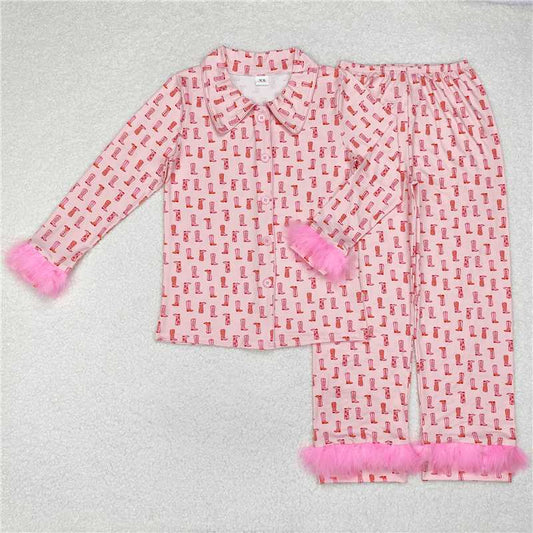 GLP1969 Adult Women Western Pink Boots Fur Tops Pants Pajamas
