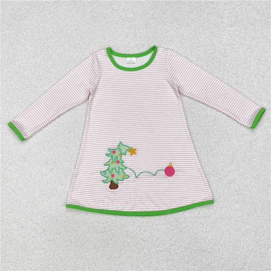 11.22 RTS NO MOQ （In stock）GLD0704 Baby Girls Christmas Pink Stripes Tree Knee Length Dresses