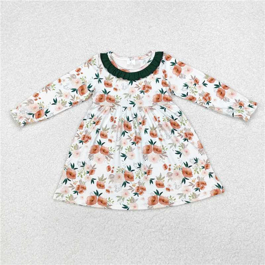 GLD0690  Baby Girls Green Orange Flowers Fall Knee Length Dresses
