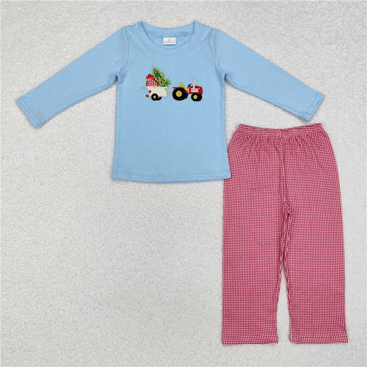 BLP0745Christmas tree truck top plaid pants boys clothes