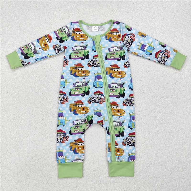 RTS LR1622 RTS NO MOQ Baby Boys Winter Rompers Modal cars cartoon car white cloud blue green zipper long sleeve jumpsuit