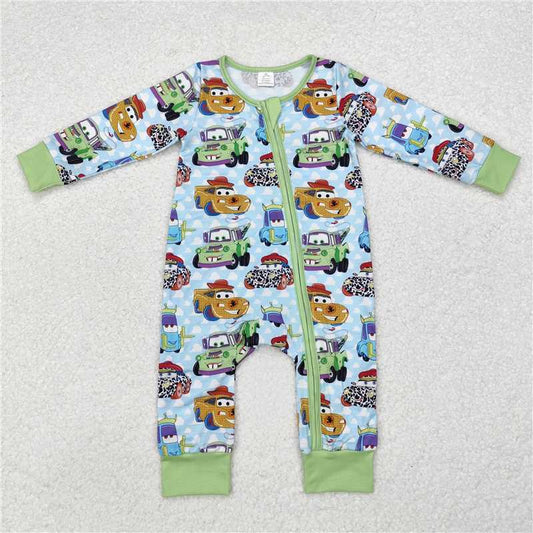 RTS LR1622 RTS NO MOQ Baby Boys Winter Rompers Modal cars cartoon car white cloud blue green zipper long sleeve jumpsuit